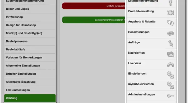 Admin-Menü mit Optionen wie "Wartung" und "myBuKs einrichten". Hier können Sie gdpdu daten sichern und verwalten.