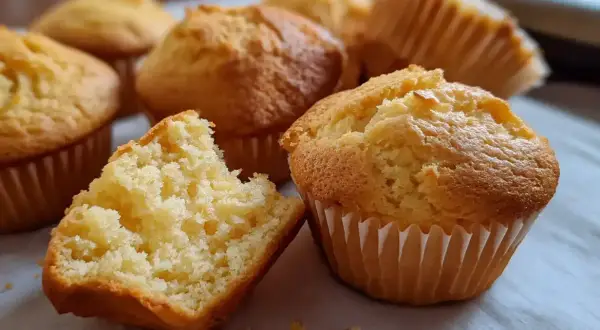 Nybakade, fluffiga glutenfria kakor i pappersformar. En är uppdelad och visar en mjuk insida.