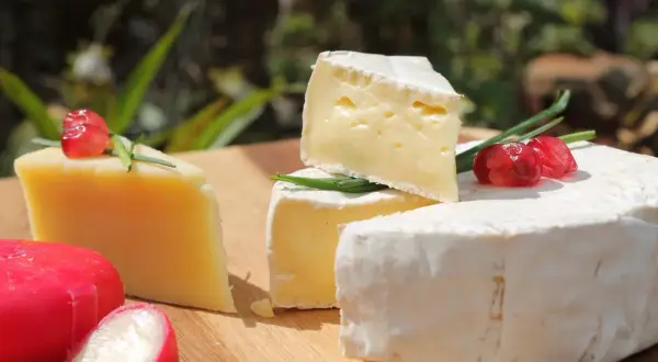 Olika ostar, inklusive brie och en hårdost, dekorerade med granatäppelkärnor och gräslök. Perfekt för en ostbricka, kanske till och med för en gravid som längtar efter mozzarella.