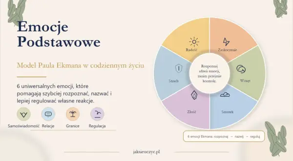Model Paula Ekmana: 6 uniwersalnych emocji (radość, zaskoczenie, wstręt, złość, smutek, strach) pomaga rozpoznać i nazwać emocje, by lepiej regulować własne reakcje.