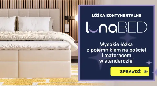 Wysokość łóżka z materacem LunaBED zapewnia komfortowy wypoczynek. Eleganckie łóżko kontynentalne z pojemnikiem na pościel.