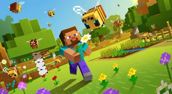 Steve z Minecrafta w otoczeniu pszczół i kwiatów. Chcesz wiedzieć, skąd pobrać Minecrafta?