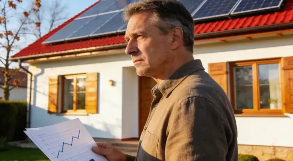 Mężczyzna z analizą danych przed domem z panelami słonecznymi. Planuje instalację banku energii 10kW.