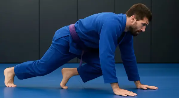 Man i blå gi med lila bälte gör en "sprawl" på en blå matta, en grundläggande rörelse inom combat jiu jitsu.