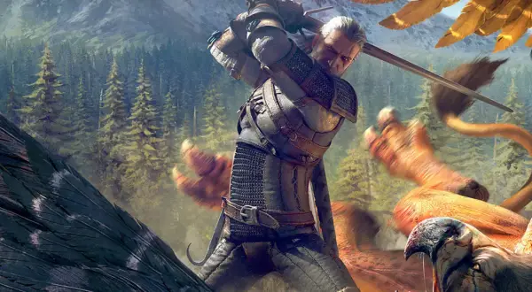 Geralt z Rivii walczy z potworami w lesie, zapowiada się wiedzmin 1 remake.
