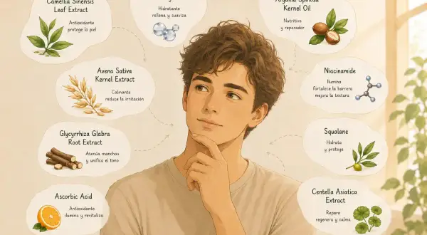 Joven pensativo rodeado de los crema reina ingredientes: extractos de té verde, avena, regaliz, ácido ascórbico, ácido hialurónico, aceite de argán, niacinamida, escualano y centella asiática.