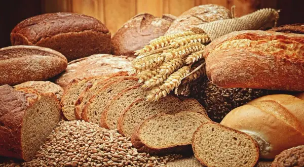 Różnorodne rodzaje chleba, od ciemnych bochenków po pokrojone kromki, leżą obok kłosów zboża.