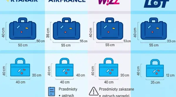 Wymiary bagażu podręcznego Ryanair: 40x50x20 cm. Porównanie z Air France, Wizz Air i LOT.