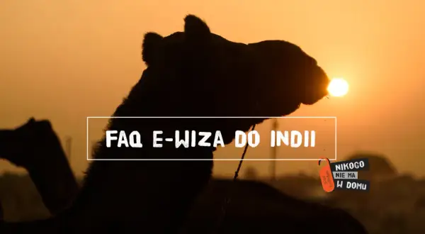 Zachód słońca nad Indiami, wielbłądy i tekst "FAQ E-wiza do Indii".