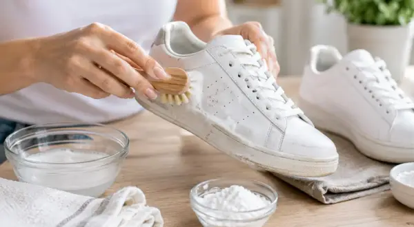 Mani che puliscono scarpe bianche con una spazzola, mostrando come lavare le scarpe con bicarbonato e sapone.