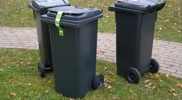 Trzy szare kosze na śmieci z zielonymi etykietami stoją na trawie obok chodnika.