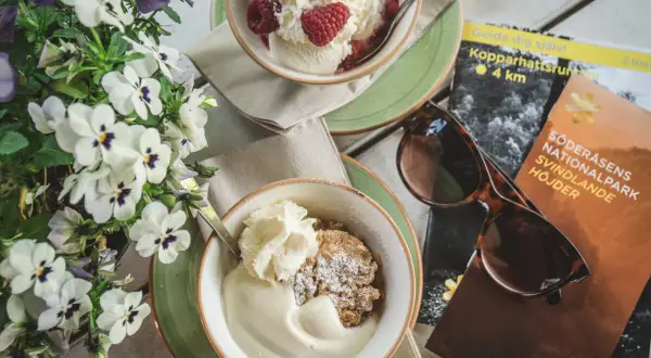 Fika med glass och smulpaj, perfekt för ett resmål i juni. Blommor och karta över Söderåsens nationalpark.