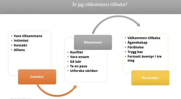 Diagram som visar vad betyder relation: Connect (vara tillsammans, intimitet, kontakt, allians), Disconnect (konflikt, ensamhet, gå isär, paus, utforska världen) och Reconnect (välkommen tillbaka, ägandeskap, förlåtelse, trygg bas, äventyr).