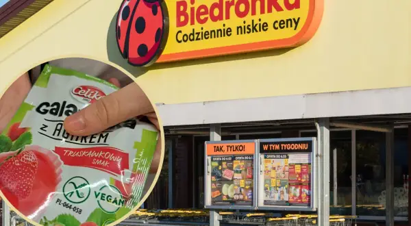 Ręka trzyma opakowanie galaretki truskawkowej Celiko. Zastanawiasz się, ile tężeje galaretka w temperaturze pokojowej? Przed sklepem Biedronka stoją wózki.