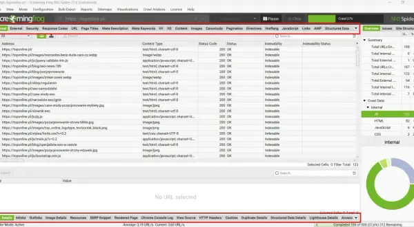 Screaming Frog SEO Spider analizuje strony, pokazując listę adresów URL. Wśród nich jest "screaming frog" jako nazwa pliku.