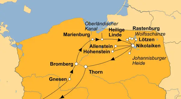 Karte mit Reiseroute durch Polen: Marienburg, Allenstein, Rastenburg, Wolfsschanze, Johannisburger Heide – spannende Dinge zu sehen!
