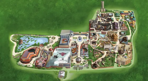 Karte des Phantasialands mit verschiedenen Themenbereichen wie Rookburgh und China Town. Seit 1967 gibt es das Phantasialand.