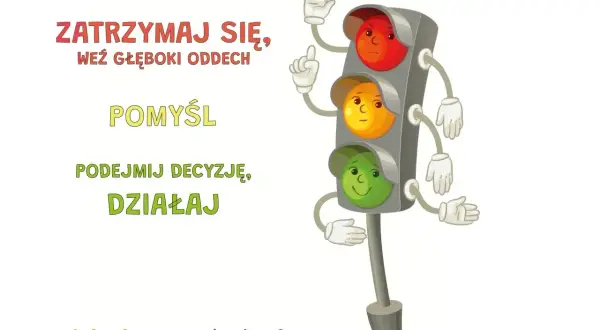 Sygnalizacja świetlna z rękami i nogami, z twarzami na światłach. Tekst: "Zatrzymaj się, weź głęboki oddech, pomyśl, podejmij decyzję, działaj". Unikaj dehumanizacji, myśl!