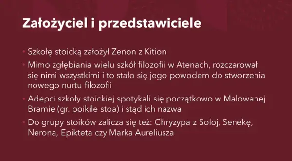 Zenon z Kition założył szkołę stoicką. W przeciwieństwie do epikureizmu, stoicyzm skupiał się na cnocie i rozumie.