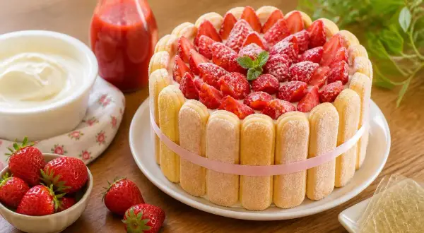 Délicieuse charlotte aux fraises, garnie de fruits rouges frais et entourée de biscuits à la cuillère. Un régal !