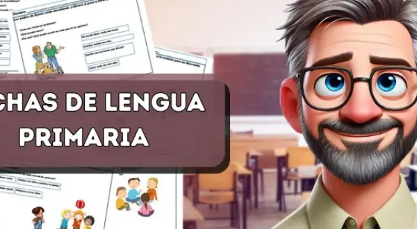 Un profesor sonriente presenta fichas de lengua para primaria con ilustraciones de niños.