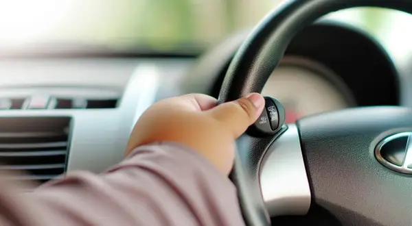 Main d'un conducteur sur le volant, activant le limiteur de vitesse.