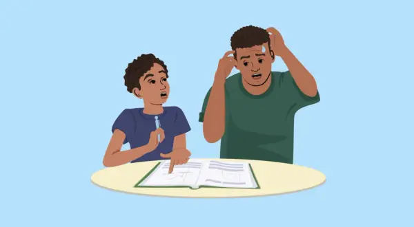 Dos jóvenes estudian un libro, uno señala un gráfico y el otro se rasca la cabeza, confundido por las abreviaturas en inglés.