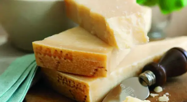 Pezzi di Grana Padano, formaggio a pasta dura, con un coltello da formaggio. La sua origine è legata alla Pianura Padana.