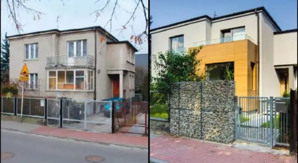 Przed i po: odnowiony dom kostka zyskał nowoczesny wygląd, nową elewację i kamienny mur.