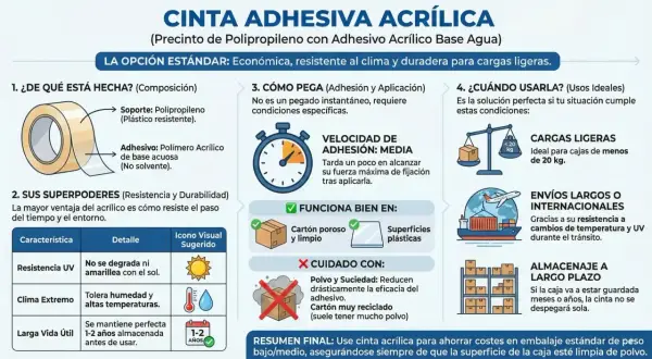 Cinta adhesiva acrílica, con adhesivo elástico, ideal para cargas ligeras, envíos y almacenaje a largo plazo.