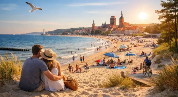 Para zakochanych na plaży, w tle tętniąca życiem linia brzegowa Bałtyku z Gdańskiem i latarnią morską.