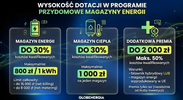 Dotacje na magazyn energii: do 30% kosztów, maks. 800 zł/kWh. Dodatkowa premia do 2000 zł.
