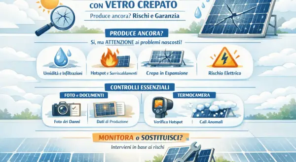 Pannello fotovoltaico con vetro crepato: controlli essenziali per monitorare o sostituire, attenzione ai rischi nascosti.