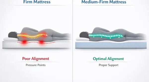 Diagram shows a firm mattress causing poor spinal alignment and pressure points, while a medium-firm mattress offers optimal alignment. This is key for the best mattress 2026.