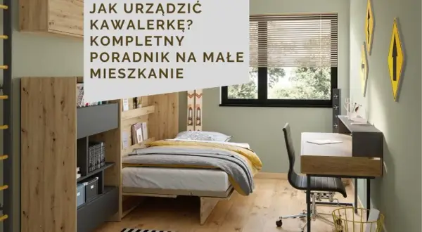 Urzadzona kawalerka: łóżko, biurko i regały tworzą funkcjonalną przestrzeń. Poradnik na małe mieszkanie.