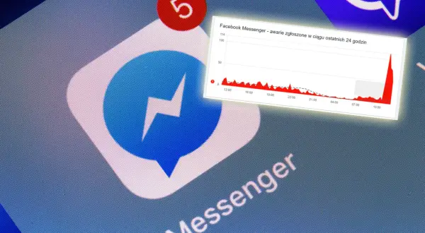 Ikona Messengera z powiadomieniem "5". Obok wykres pokazujący awarie zgłoszone w ciągu 24h. Dowiedz się, jak aktualizować Messengera, by uniknąć problemów.