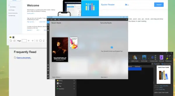 Interface d'un lecteur ePub pour Windows 10, montrant des livres récents et des favoris.