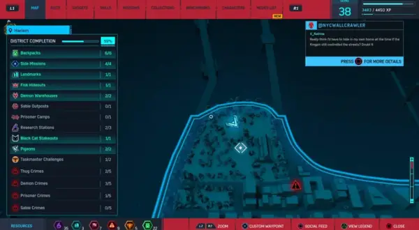 Mapa Spider-Man 2 z postępem w dzielnicy Harlem. Widać listę zadań i ukończonych aktywności, takich jak kryjówki Fisk, magazyny demonów i gołębie.
