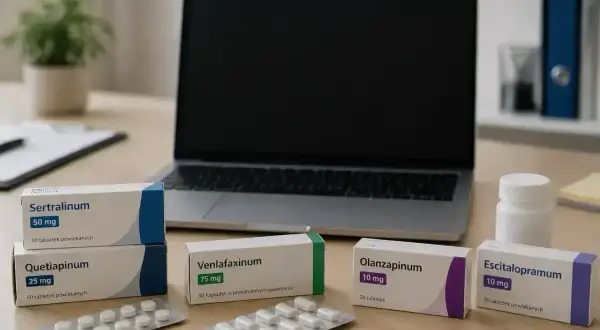 Na biurku leżą leki: Sertralinum, Quetiapinum, Venlafaxinum, Olanzapinum i Escitalopramum. Obok laptopa i białej buteleczki.