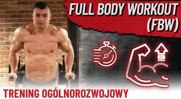Mężczyzna na siłowni wykonuje ćwiczenie. Grafika sugeruje trening całego ciała (FBW plan).