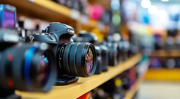 Rząd aparatów na półce, od lewej: lustrzanka czy bezlusterkowiec? Wybór dla fotografa.