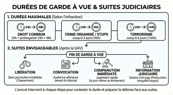 Schéma expliquant les durées maximales de garde à vue au commissariat et les suites judiciaires possibles : libération, convocation, comparution immédiate ou information judiciaire.