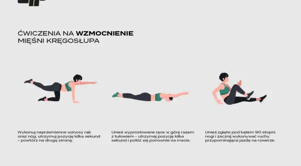 Ilustracja przedstawia trzy ćwiczenia na wzmocnienie mięśni kręgosłupa: na czworakach, leżąc na brzuchu i siedząc.