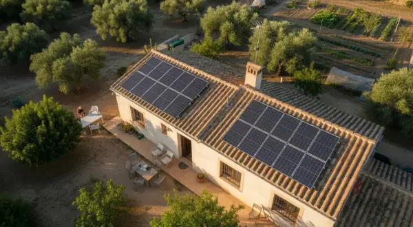 Casa rural con paneles solares en el tejado, ideal para el cálculo del consumo eléctrico. Rodeada de olivos y huerto.