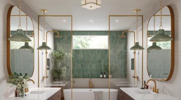 Elegant bathroom with dual vanities, a freestanding tub, and green tiled showers. Learn how to hang a bathroom mirror in this stylish space.