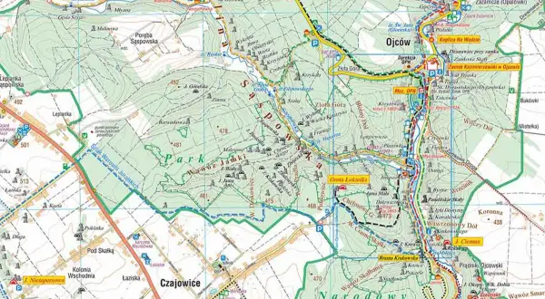 Mapa turystyczna Ojcowski Park Narodowy z zaznaczonymi szlakami, jaskiniami (Grota Łokietka) i punktami widokowymi.