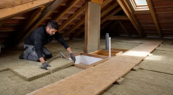 Uomo che posiziona pannelli isolanti per come isolare il sottotetto fai da te. L'ambiente è un sottotetto con travi in legno e lucernario.