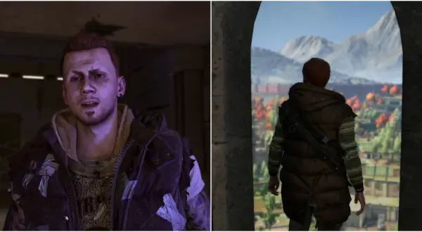 Dying Light 2: Damien, z blizną na twarzy, patrzy w dal na krajobraz miasta.