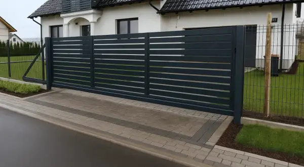 Nowoczesna, ciemnoszara brama przesuwna, zapewniająca odpowiednią szerokość bramy wjazdowej dla tira, prowadzi do posesji z białym domem.