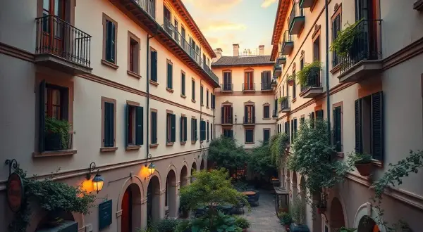 Cortile interno con case di ringhiera, balconi fioriti e tavolini all'aperto. Un'atmosfera serale accogliente.